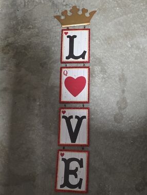 LOVE Hanging Wall Art with Gold Crown Accent - Red, White & Gold   32" X 5"